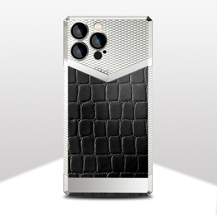 

For iPhone 12 Crocodile Texture Electroplate Leather Phone Case(Silver+Black)
