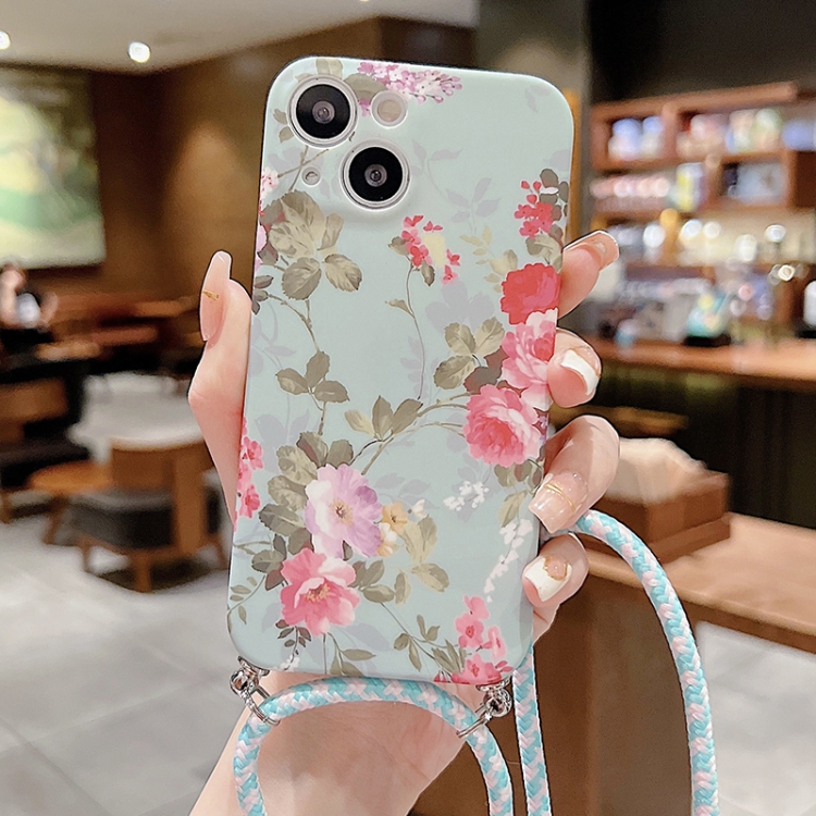 

Lanyard Small Floral TPU Phone Case For iPhone 12 Pro(Mint Green)