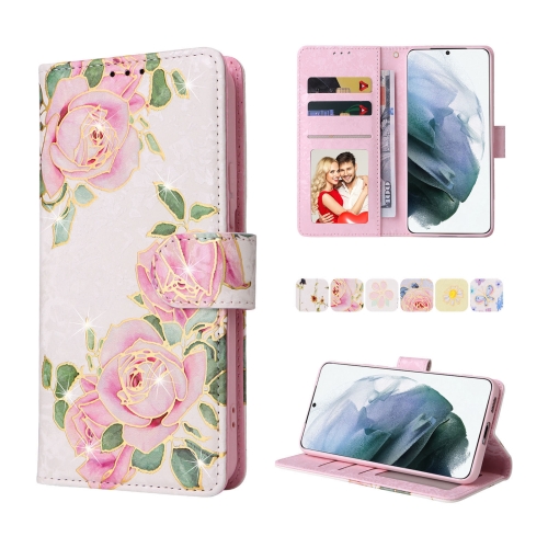 

For Samsung Galaxy S21 Plus Bronzing Painting RFID Leather Case(Rose Flower)