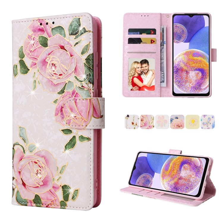 

For Samsung Galaxy A23 4G Bronzing Painting RFID Leather Case(Rose Flower)