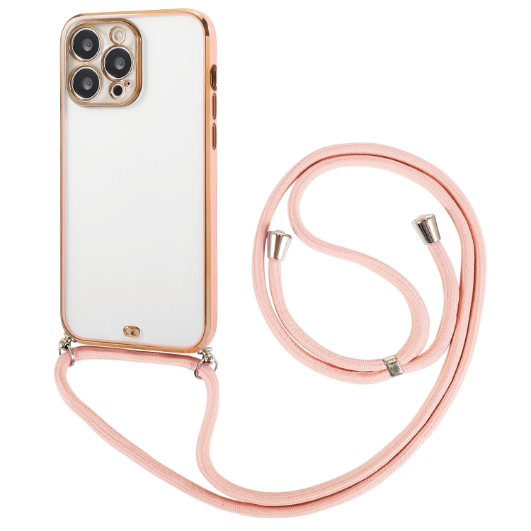 

For iPhone 13 Pro Max Lanyard Electroplate Two Color Phone Case (Pink)