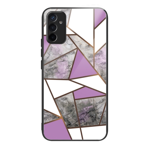 

For Samsung Galaxy M23 Abstract Marble Pattern Glass Protective Case(Rhombus Gray Purple)