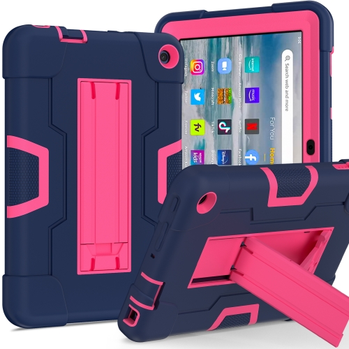 

For Amazon Kindle Fire 7 2022 Contrast Color Kickstand Silicone Hard PC Tablet Case(Navy Rose Red)