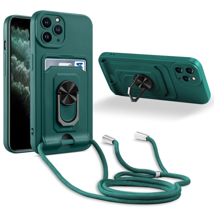 

Ring Kickstand Card Wallet TPU Phone Case with Lanyard For iPhone 11 Pro(Night Green)