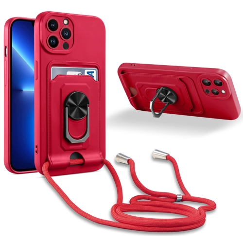 

For iPhone 13 Pro Max Ring Kickstand Card Wallet TPU Phone Case with Lanyard (Red)