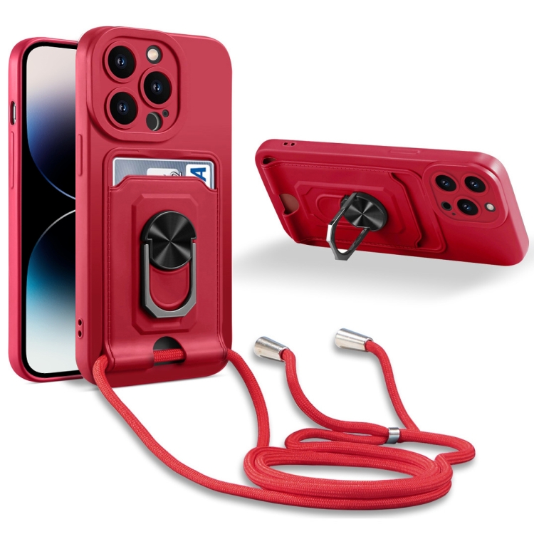 

For iPhone 14 Pro Ring Kickstand Card Wallet TPU Phone Case with Lanyard(Red)
