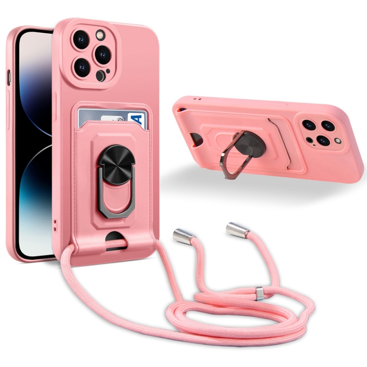 

For iPhone 14 Pro Max Ring Kickstand Card Wallet TPU Phone Case with Lanyard For iPhone 14 Pro Max(Pink)