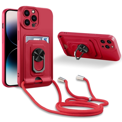 

For iPhone 14 Pro Max Ring Kickstand Card Wallet TPU Phone Case with Lanyard For iPhone 14 Pro Max(Red)