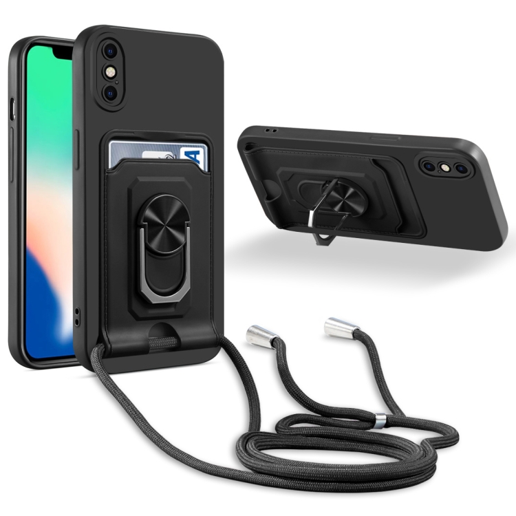 

Ring Kickstand Card Wallet TPU Phone Case with Lanyard For iPhone X/XS(Black)