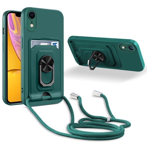 

For iPhone XR Ring Kickstand Card Wallet TPU Phone Case with Lanyard(Night Green)