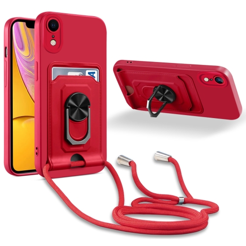 

For iPhone XR Ring Kickstand Card Wallet TPU Phone Case with Lanyard(Red)