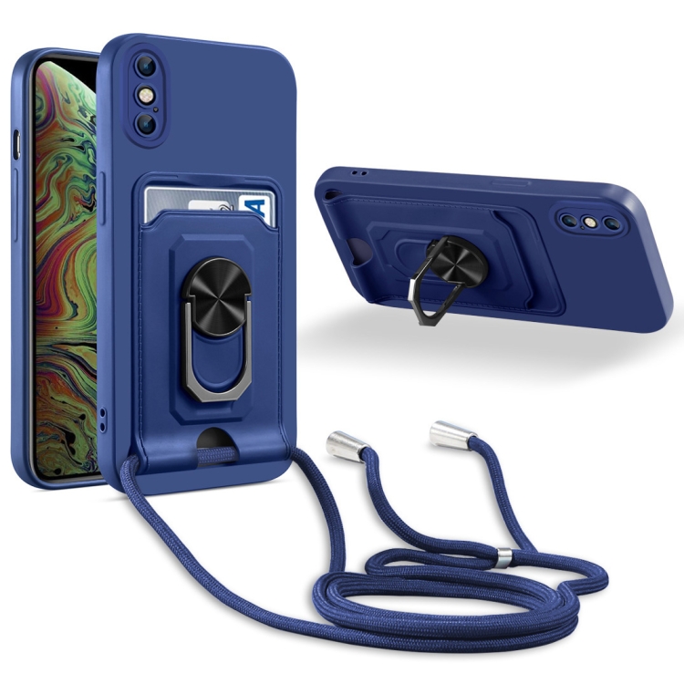 

For iPhone XS Max Ring Kickstand Card Wallet TPU Phone Case with Lanyard(Blue)