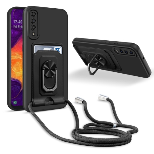 

For Samsung Galaxy A30s/A50/A50s Ring Kickstand Card Wallet TPU Phone Case with Lanyard(Black)