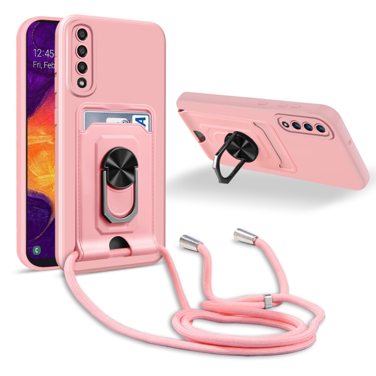 

For Samsung Galaxy A30s/A50/A50s Ring Kickstand Card Wallet TPU Phone Case with Lanyard(Pink)