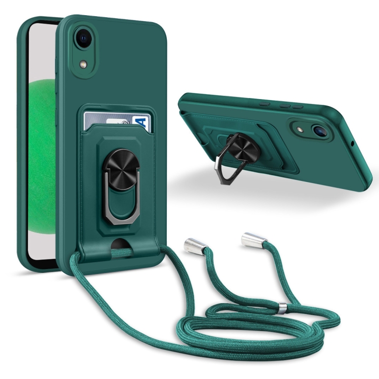 

For Samsung Galaxy A03 Core Ring Kickstand Card Wallet TPU Phone Case with Lanyard(Night Green)