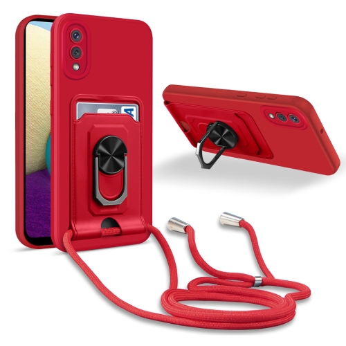 

For Samsung Galaxy A02/M02 Ring Kickstand Card Wallet TPU Phone Case with Lanyard(Red)