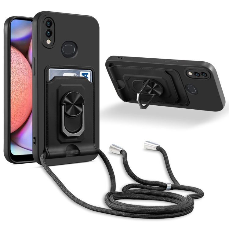 

For Samsung Galaxy A10s Ring Kickstand Card Wallet TPU Phone Case with Lanyard(Black)