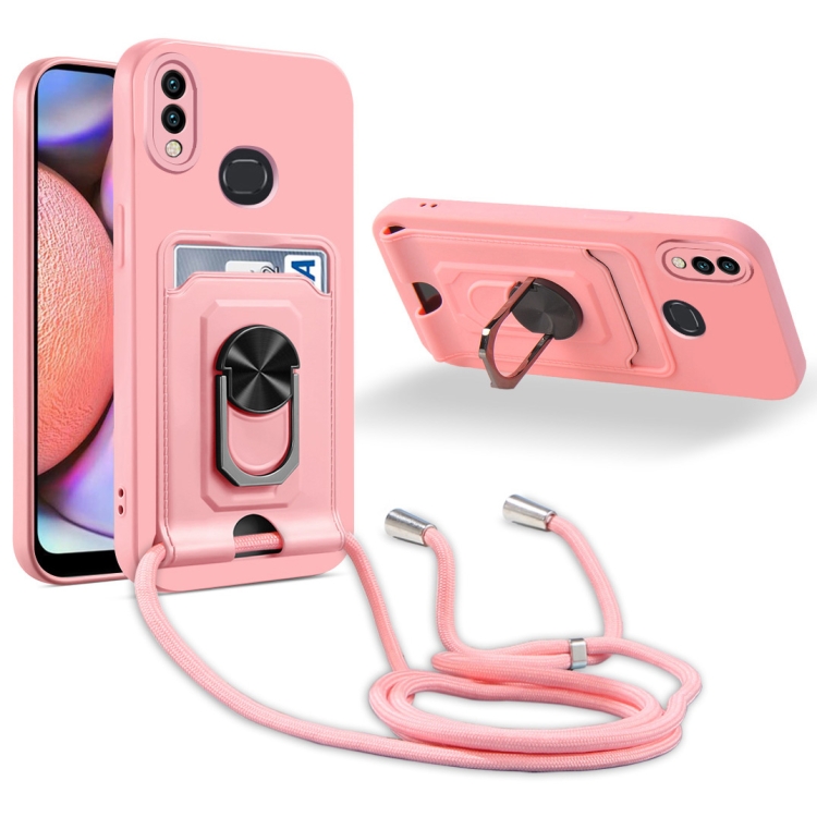 

For Samsung Galaxy A10s Ring Kickstand Card Wallet TPU Phone Case with Lanyard(Pink)