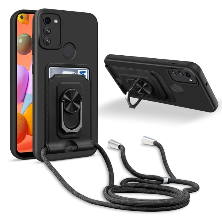

For Samsung Galaxy A11 Ring Kickstand Card Wallet TPU Phone Case with Lanyard(Black)