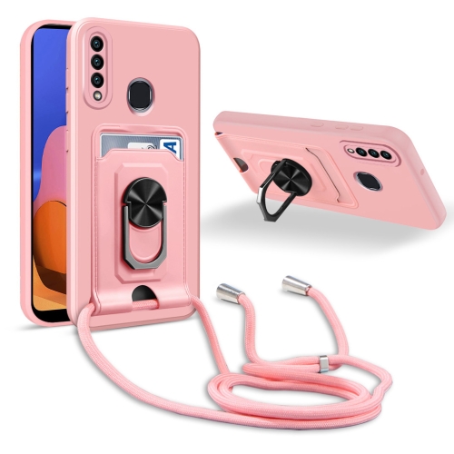 

For Samsung Galaxy A20s Ring Kickstand Card Wallet TPU Phone Case with Lanyard(Pink)