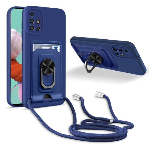 

For Samsung Galaxy A51 4G Ring Kickstand Card Wallet TPU Phone Case with Lanyard(Blue)