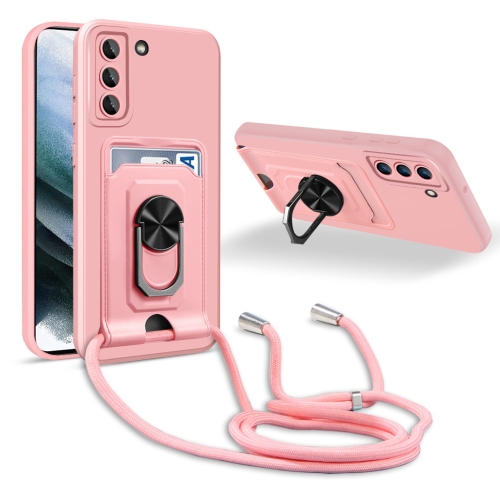 

For Samsung Galaxy S21 Ring Kickstand Card Wallet TPU Phone Case with Lanyard(Pink)