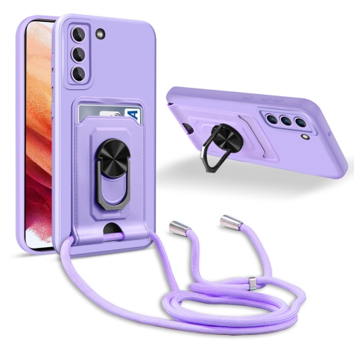 

For Samsung Galaxy S21+ Ring Kickstand Card Wallet TPU Phone Case with Lanyard(Purple)