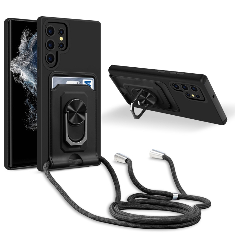 

For Samsung Galaxy S22 Ultra 5G Ring Kickstand Card Wallet TPU Phone Case with Lanyard(Black)