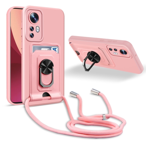 

For Xiaomi 12 Pro Ring Kickstand Card Wallet TPU Phone Case with Lanyard(Pink)