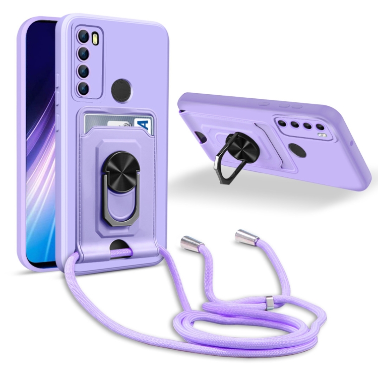

For Xiaomi Redmi Note 8 Ring Kickstand Card Wallet TPU Phone Case with Lanyard(Purple)