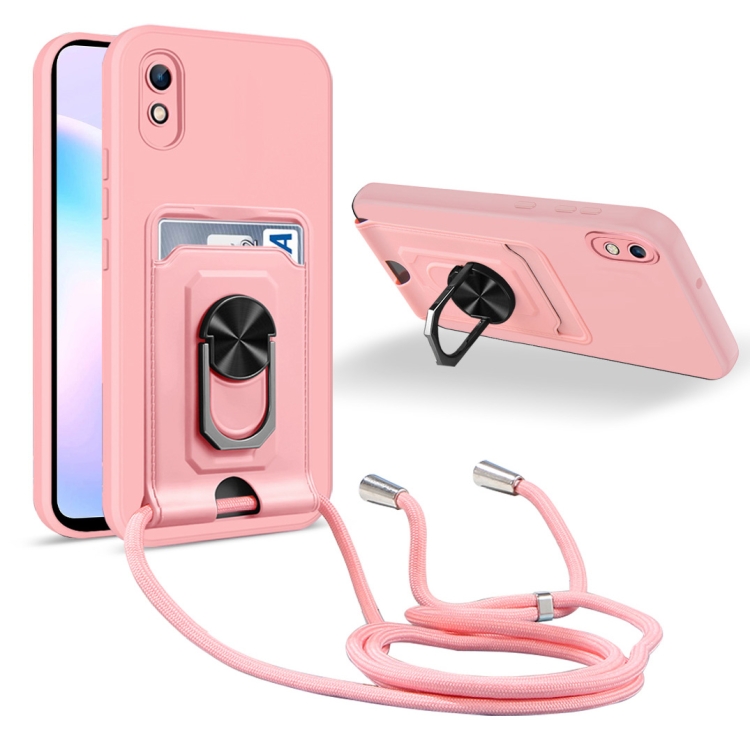 

For Xiaomi Redmi 9A Ring Kickstand Card Wallet TPU Phone Case with Lanyard(Pink)