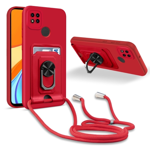 

For Xiaomi Redmi 9C Ring Kickstand Card Wallet TPU Phone Case with Lanyard(Red)