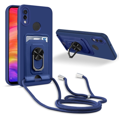 

For Xiaomi Redmi Note 7 Ring Kickstand Card Wallet TPU Phone Case with Lanyard(Blue)