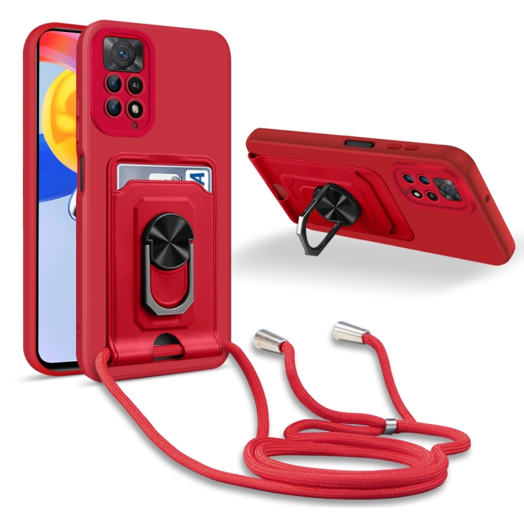 

For Xiaomi Redmi Note 11 Pro 5G Global Ring Kickstand Card Wallet TPU Phone Case with Lanyard(Red)