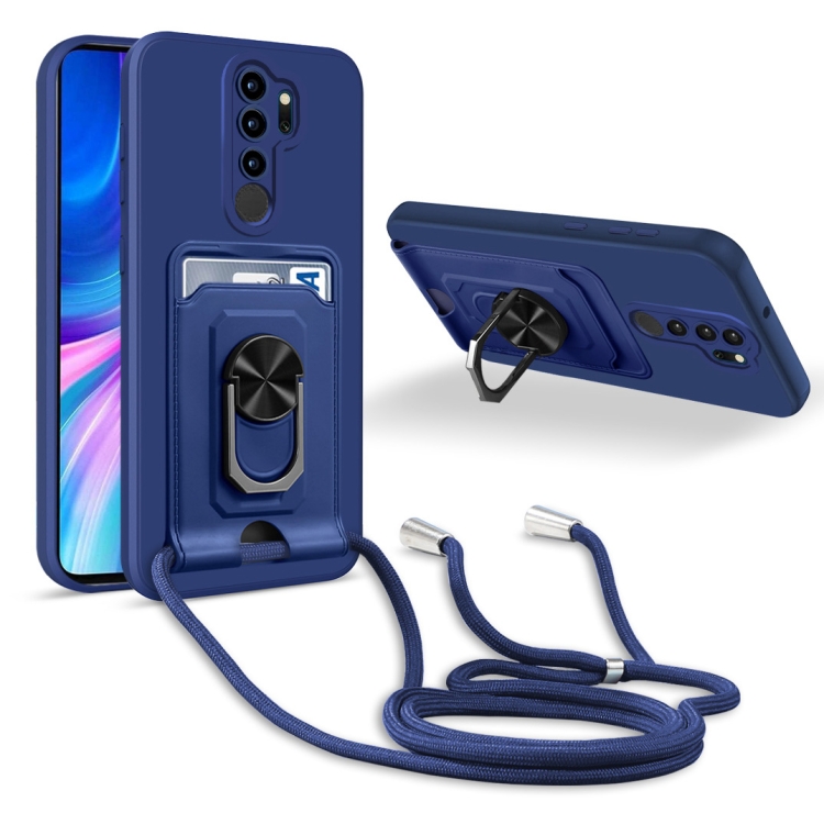 

For Xiaomi Redmi Note 8 Pro Ring Kickstand Card Wallet TPU Phone Case with Lanyard(Blue)
