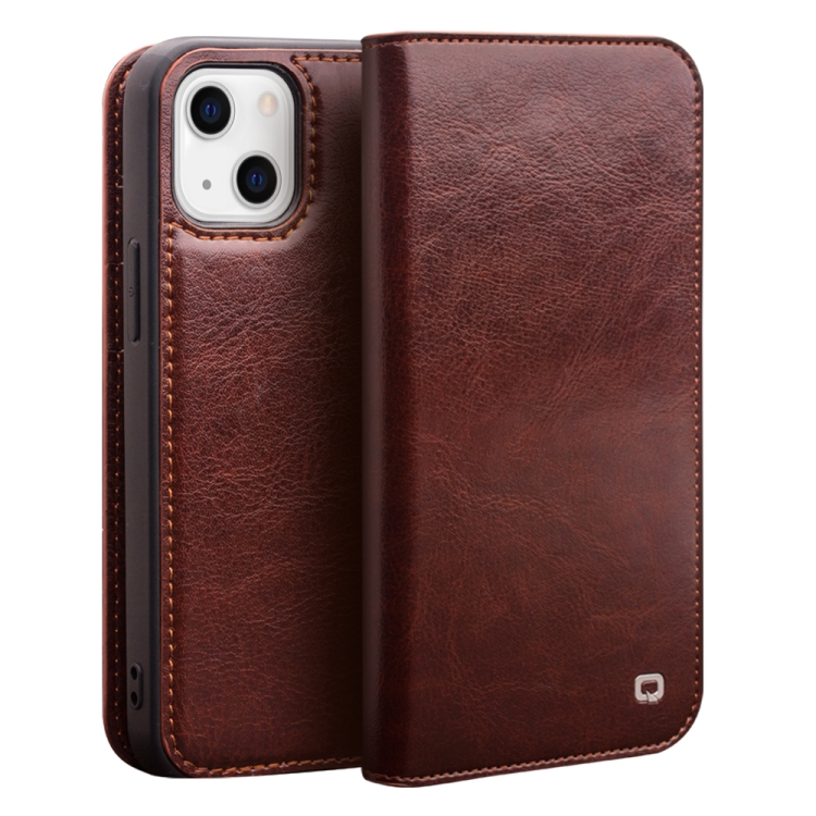 

For iPhone 14 Plus QIALINO Horizontal Flip Leather Phone Case (Brown)
