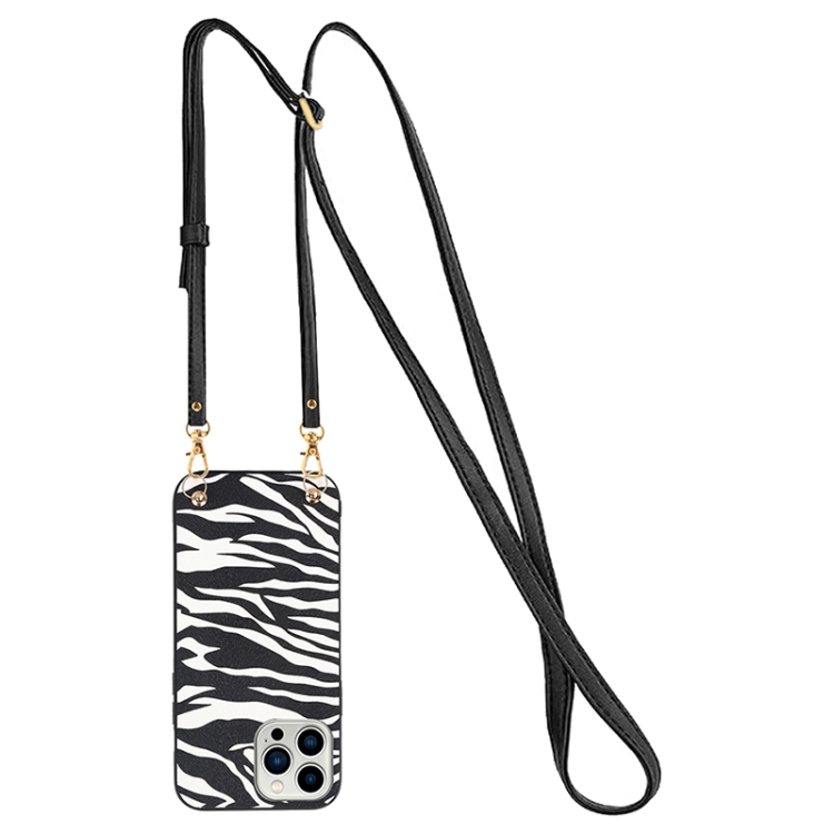 

For iPhone 14 Pro Crossbody Lanyard Leather Phone Case(Zebra Texture)