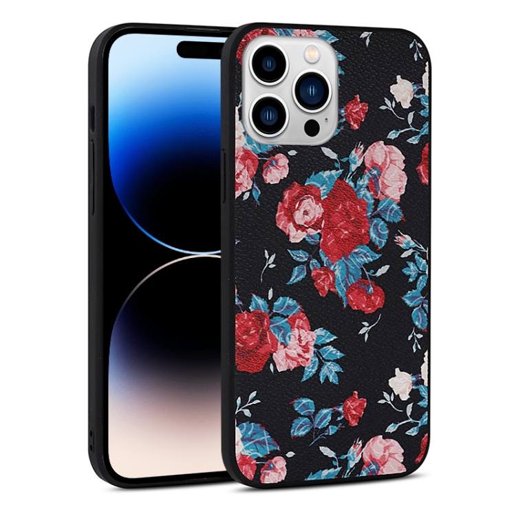 

For iPhone 14 Pro Flowers Pattern Leather Phone Case(Black)