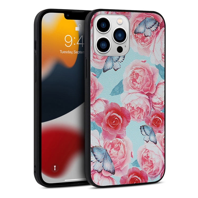 

Flowers Pattern Leather Phone Case For iPhone 13 Pro Max(Sky Blue)