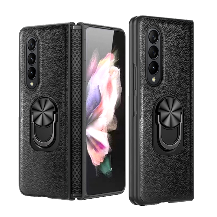 

For Samsung Galaxy Z Fold4 GKK Litchi Pattern Foldable Protective Phone Case with Ring Holder(Black)