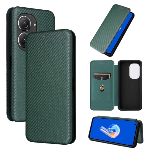 

For Asus Zenfone 9 Carbon Fiber Texture Flip Leather Phone Case(Green)