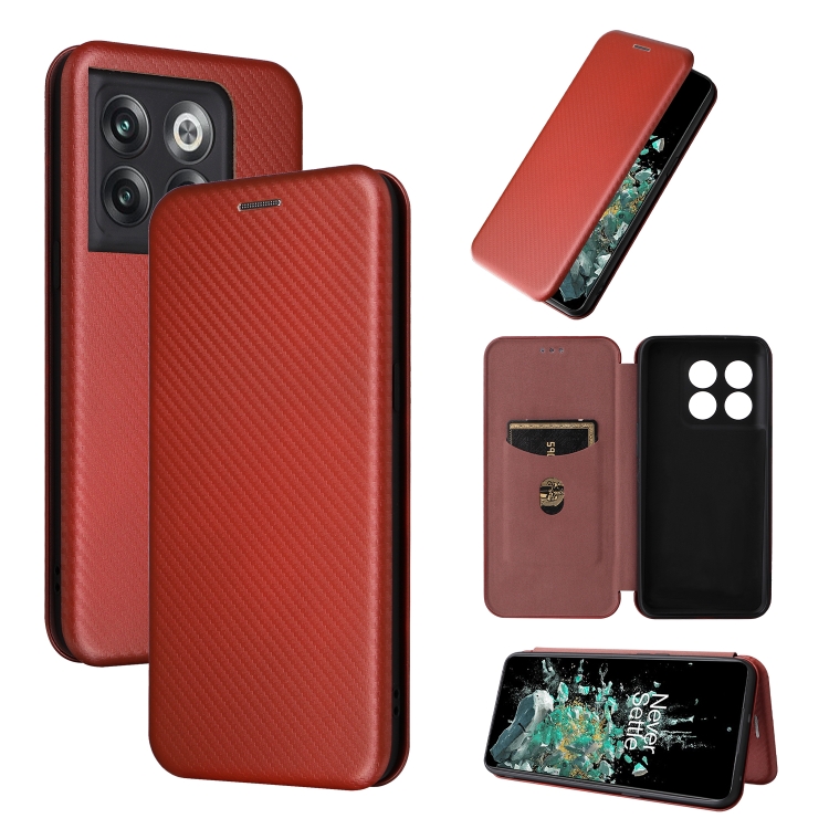 

For OnePlus 10T 5G Carbon Fiber Texture Flip Leather Phone Case(Brown)