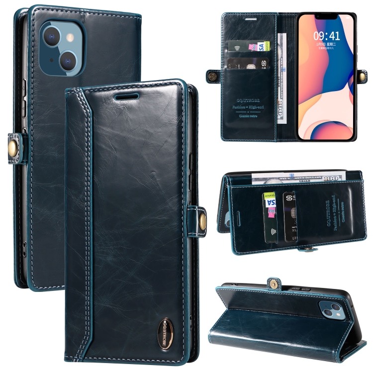 

GQUTROBE RFID Blocking Oil Wax Leather Case For iPhone 14 Plus(Blue)