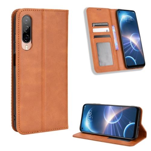 

For HTC Desire 22 Pro Magnetic Buckle Retro Texture Leather Phone Case(Brown)