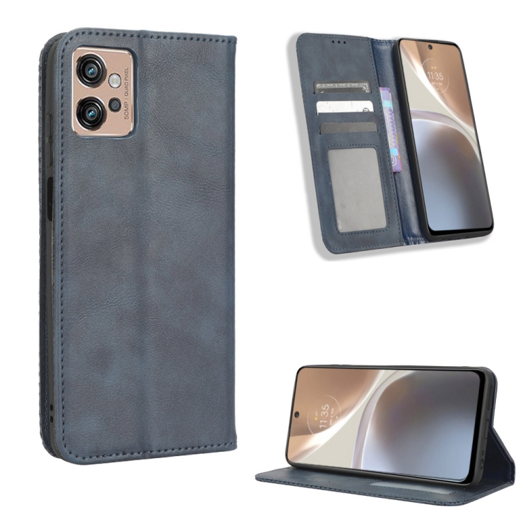 

For Motorola Moto G32 Magnetic Buckle Retro Texture Leather Phone Case(Blue)