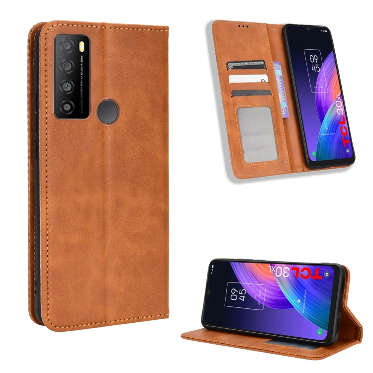 

For TCL 30 XL Magnetic Buckle Retro Texture Leather Phone Case(Brown)