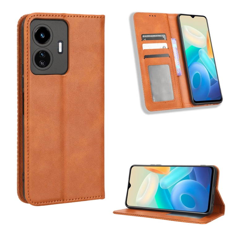

For vivo Y77 5G Magnetic Buckle Retro Texture Leather Phone Case(Brown)