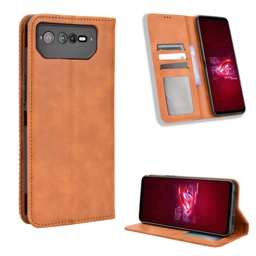 

For ASUS ROG Phone 6 / 6 Pro Magnetic Buckle Retro Texture Leather Phone Case(Brown)