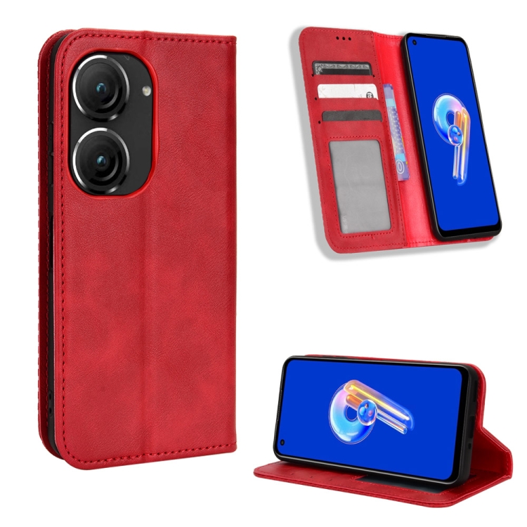 

For ASUS Zenfone 9 Magnetic Buckle Retro Texture Leather Phone Case(Red)