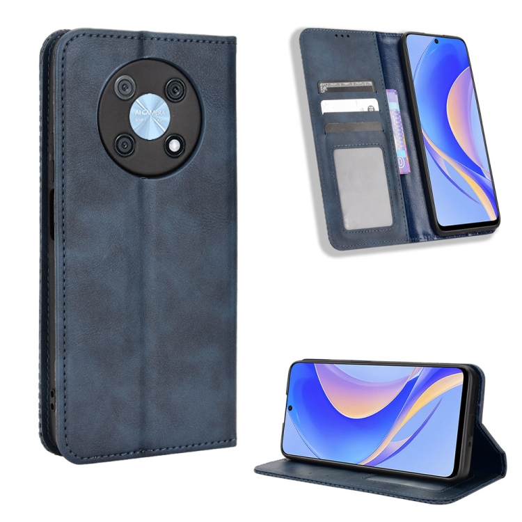 

For Huawei nova Y90 Magnetic Buckle Retro Texture Leather Phone Case(Blue)